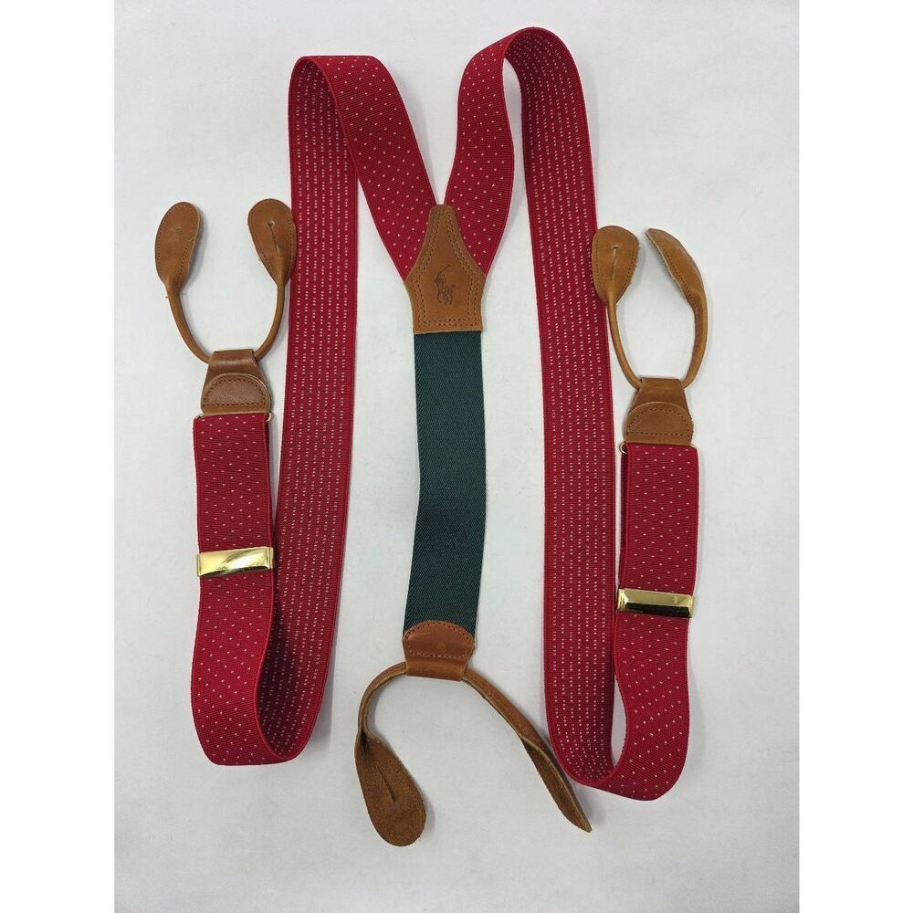 POLO RALPH LAUREN SUSPENDERS BRACES RED SNOW GREEN BROWN LEATHER BRASS HOLIDAY